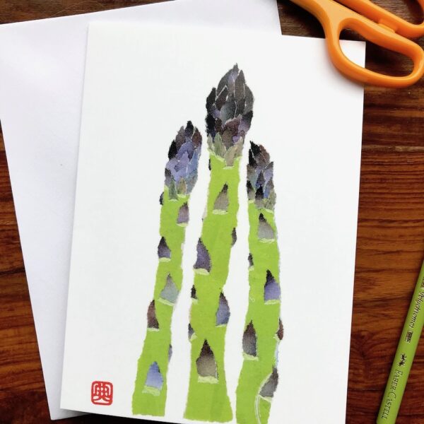 Asparagus Chigiri-e greeting card by Japanese artist Noriko Matsubara