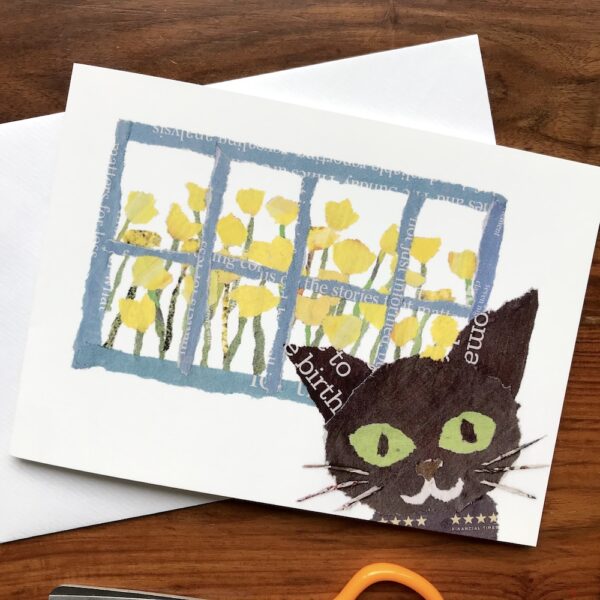 Black Cat Chigiri-e greeting card by Japanese artist Noriko Matsubara