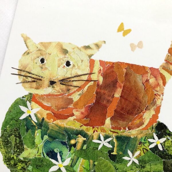 Chigiri-e Cat in the Field created by Japanese artist Noriko Matsubara