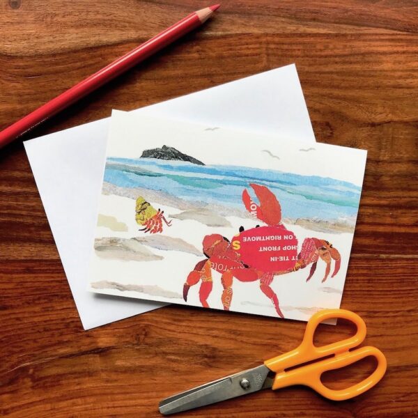 Crab on the Shore Chigiri-e greeting card by Japanese artist Noriko Matsubara