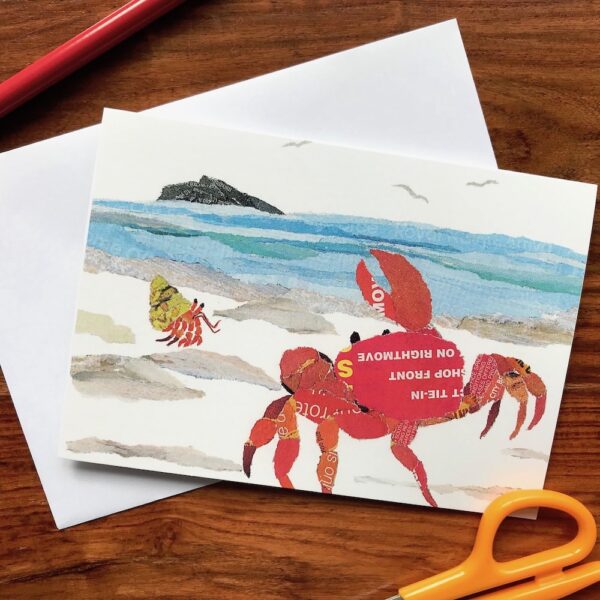 Crab on the Shore Chigiri-e greeting card by Japanese artist Noriko Matsubara