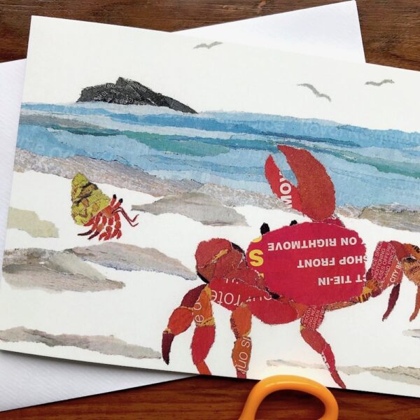 Crab on the Shore Chigiri-e greeting card by Japanese artist Noriko Matsubara