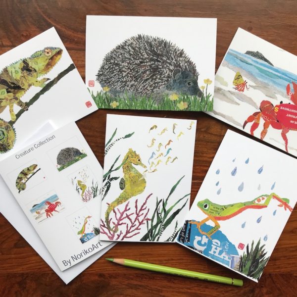 Set of 5 Chigiri-e Creature Collection Greeting Cards by Noriko Matsubara