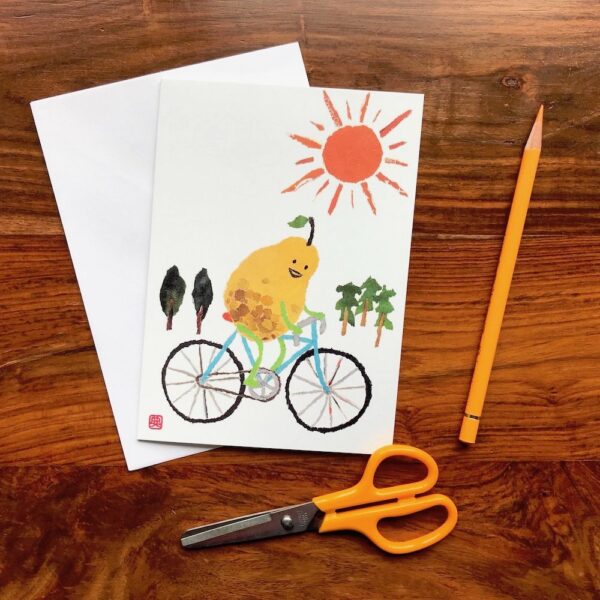 Cycling Pear Chigiri-e greeting card by Japanese artist Noriko Matsubara