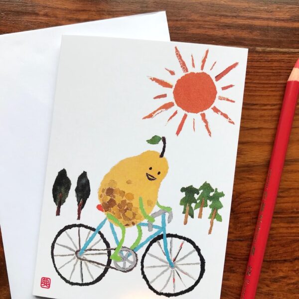 Cycling Pear Chigiri-e greeting card by Japanese artist Noriko Matsubara