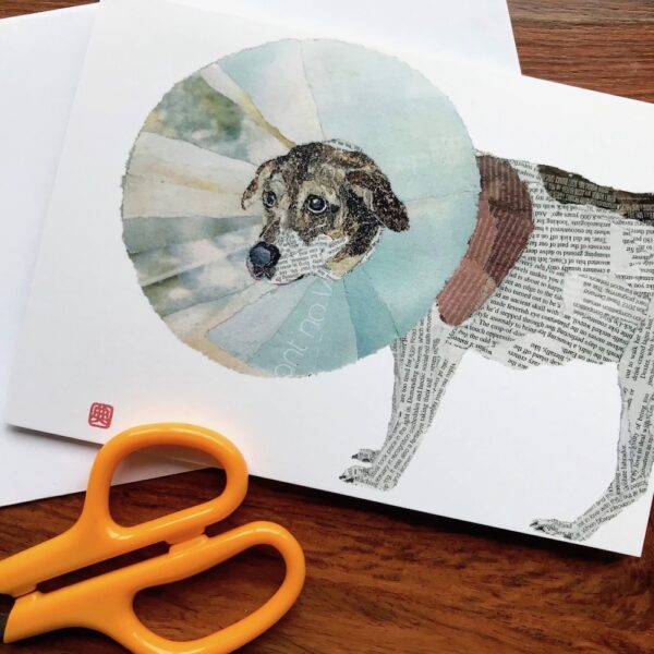 Dog Enfunnelled Chigiri-e greeting card by Japanese artist Noriko Matsubara