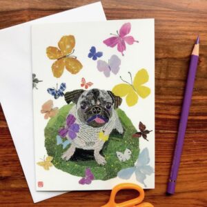 Dog with Butterflies (Pugsy) Chigiri-e Card