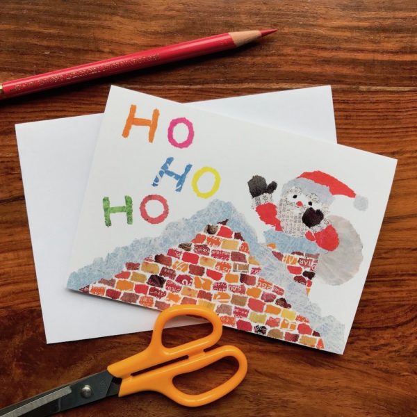 Ho Ho Ho Chigiri-e Christmas card by Japanese artist Noriko Matsubara