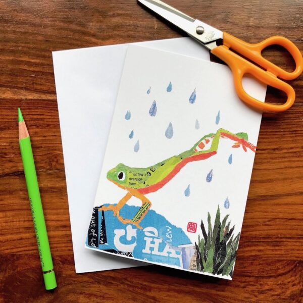 Jumping Frog Chigiri-e greeting card by Japanese artist Noriko Matsubara