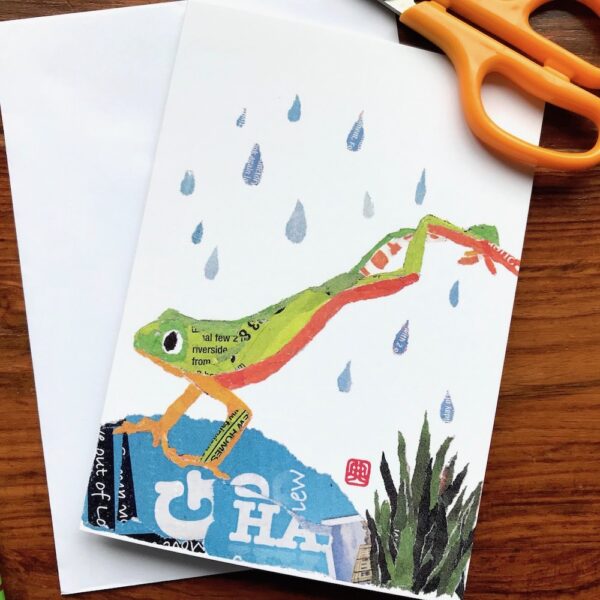 Jumping Frog Chigiri-e greeting card by Japanese artist Noriko Matsubara