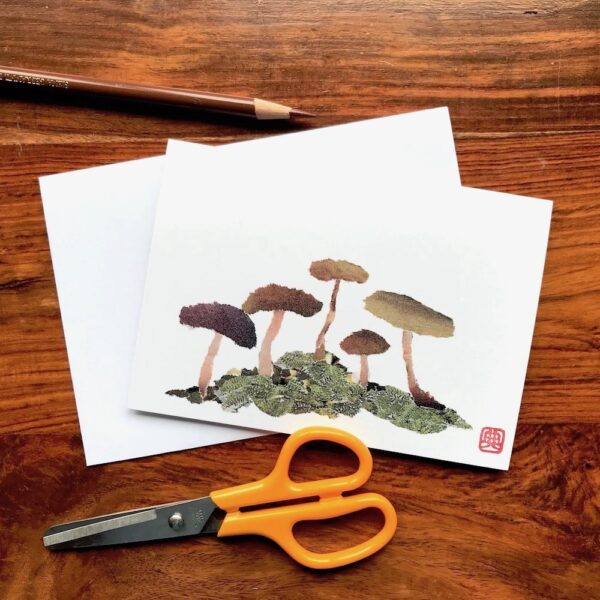 Mushrooms Chigiri-e greeting card by Japanese artist Noriko Matsubara