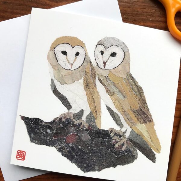Owls Chigiri-e greeting card by Japanese artist Noriko Matsubara