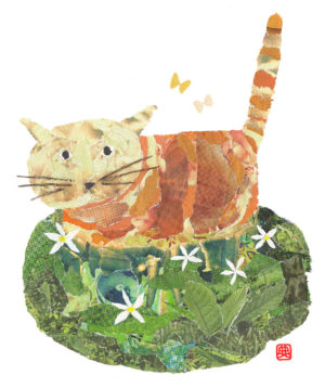 Cat in the Field Chigiri-e Art print by Japanese artist Noriko Matsubara