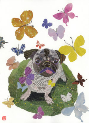 Dog with Butterflies (Pugsy) Chigiri-e Art print by Japanese artist Noriko Matsubara
