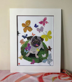 Dog with Butterflies (Pugsy) Chigiri-e Print