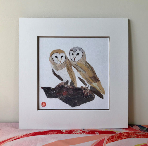 Owls chigiri-e Art Print by Japanese artist Noriko Matsubara