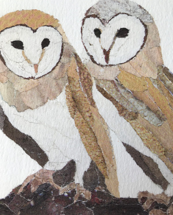 Owls chigiri-e Art Print by Japanese artist Noriko Matsubara
