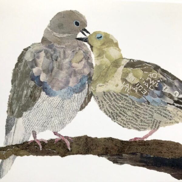 Pigeons Chigiri-e greeting card by Japanese artist Noriko Matsubara