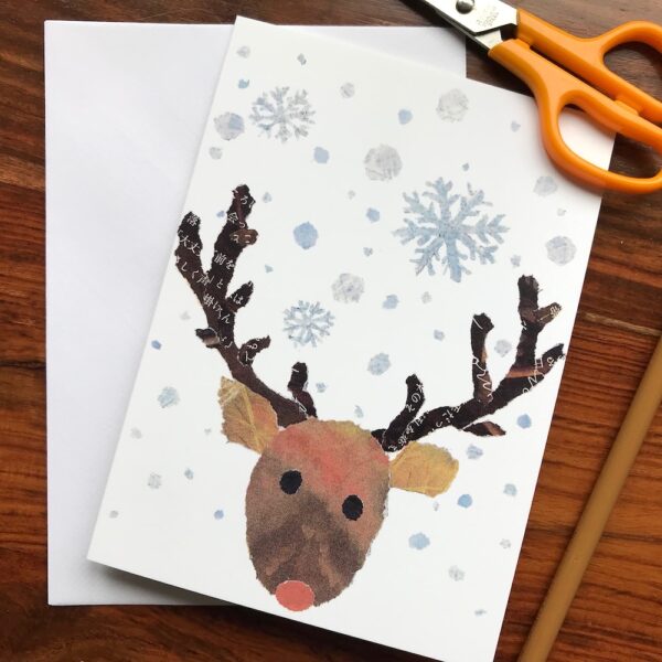 Reindeer Chigiri-e Christmas card by Japanese artist Noriko Matsubara