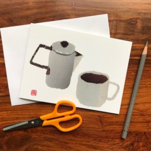 Teapot and Cup Chigiri-e greeting card by Japanese artist Noriko Matsubara
