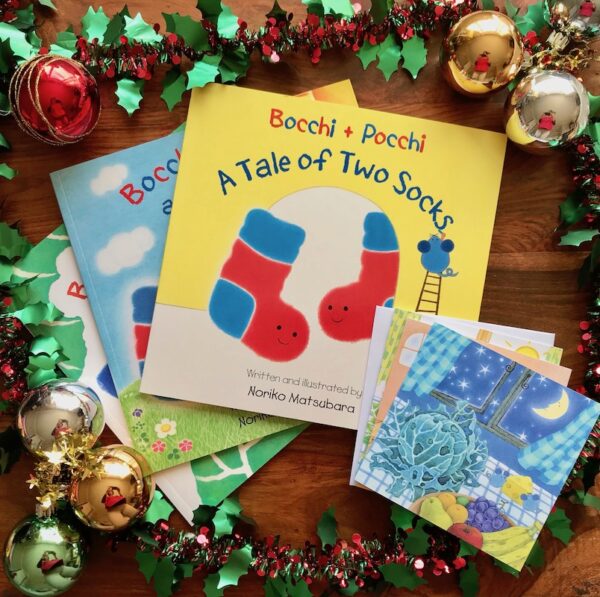 Set of 3 Bocchi and Pocchi picture books written and illustrated by Noriko Matsubara and 3 greeting cards